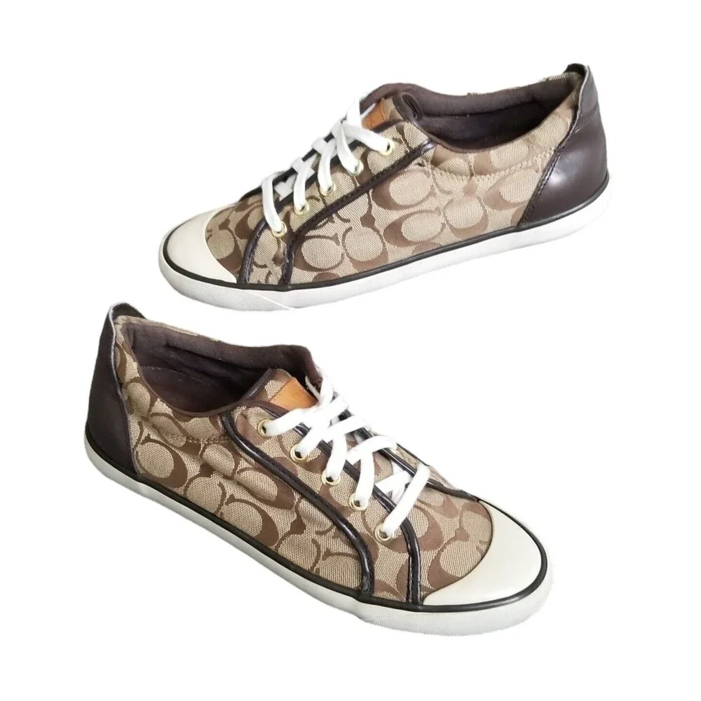 Coach Barrett Brown Canvas Logo Print Lace Up Sneakers Size 10B